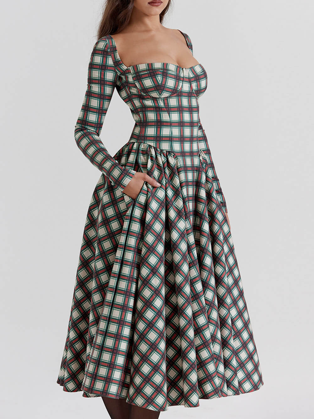 Tartan Sweetheart Long Sleeve Corset Fit and Flare Midi Dress