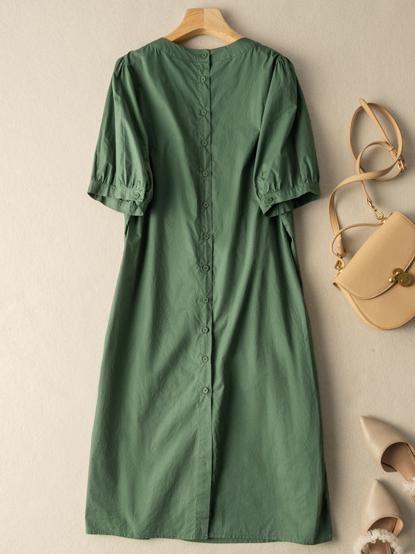 Women's Casual Round Neck Pleated Dress Short Sleeve
