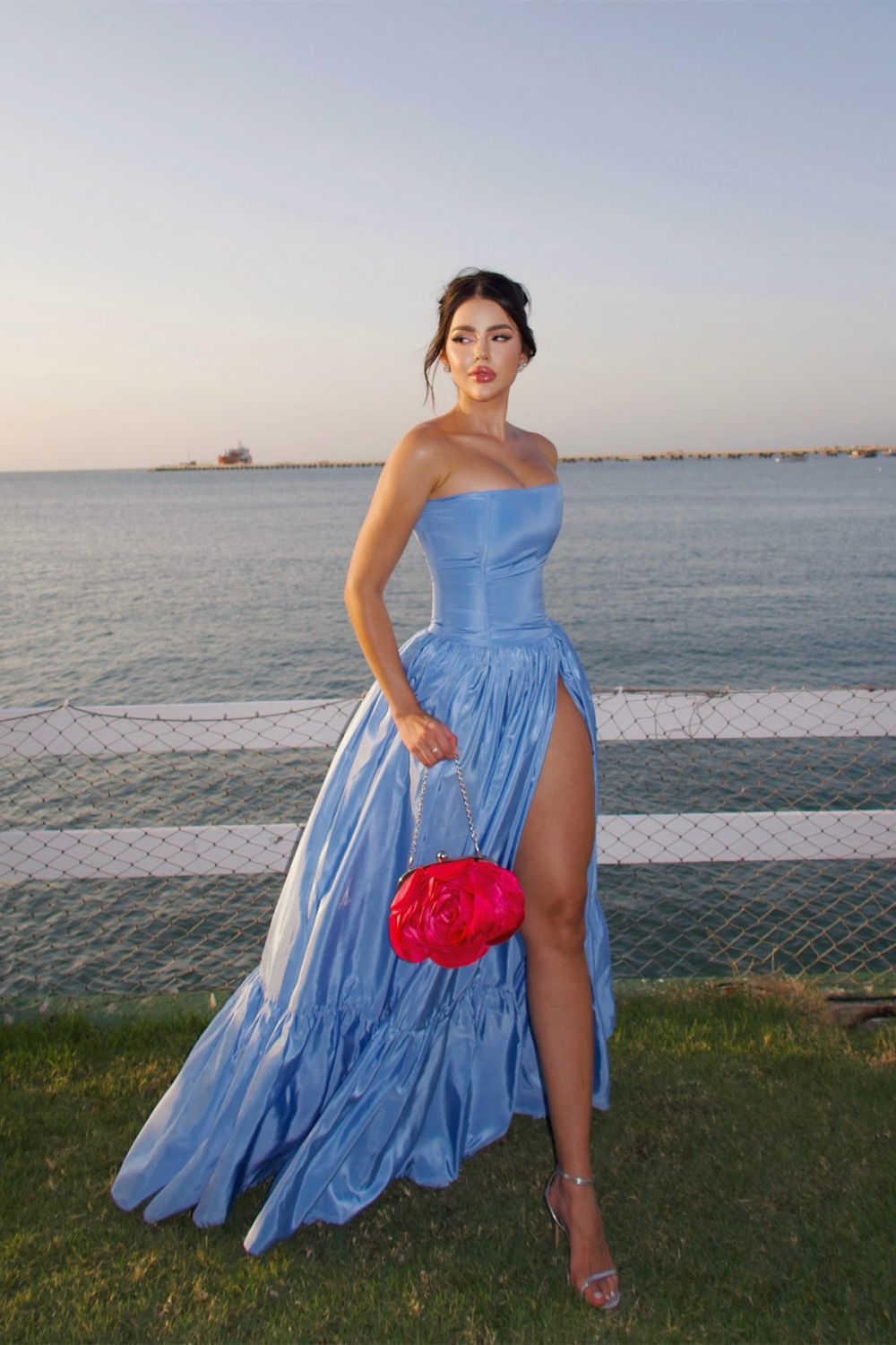 Charming A Line Strapless Blue Satin Long Prom Dress with Split Front