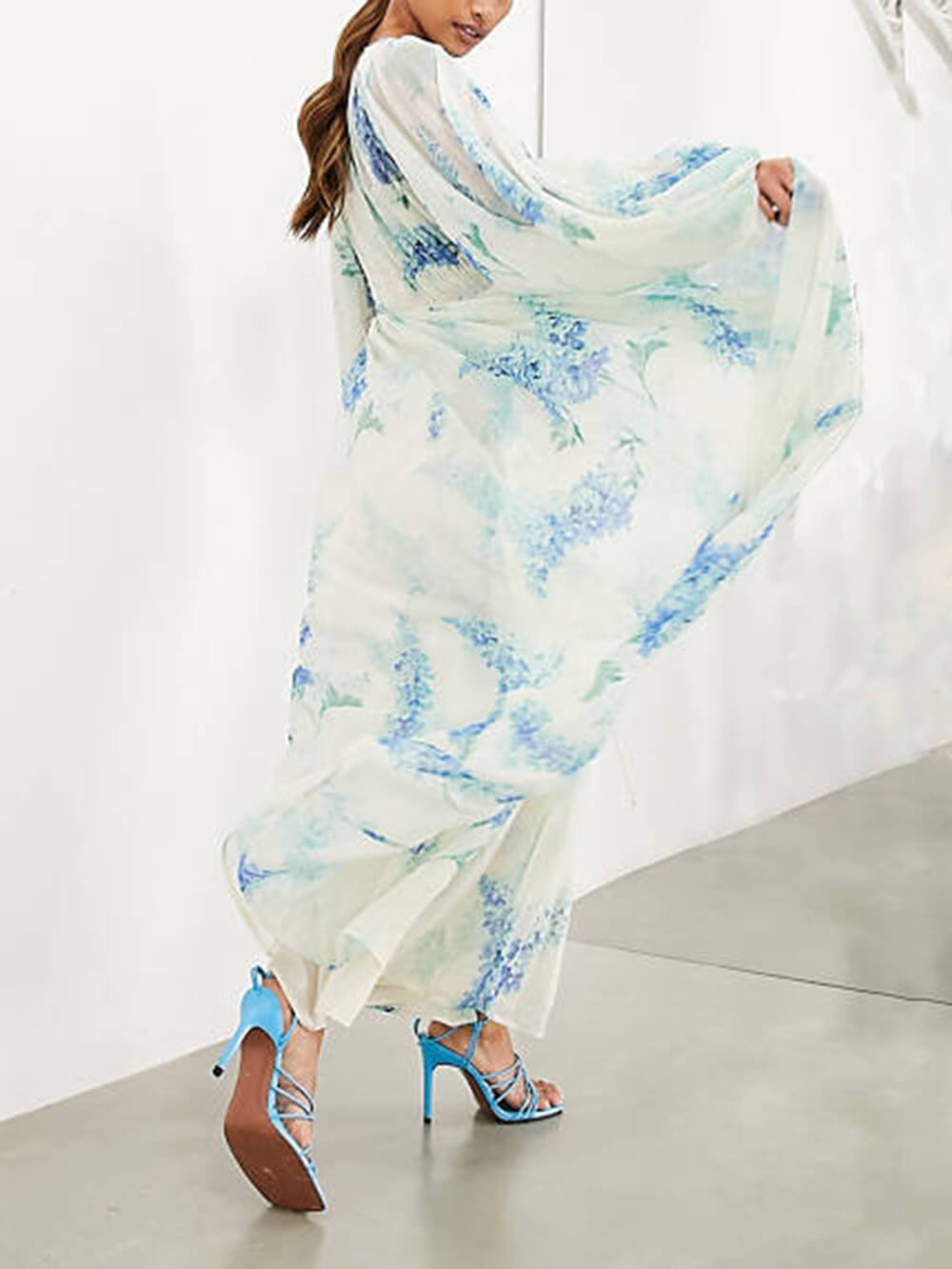 Floral Chiffon Deep V-Neck Balloon Sleeve Drawstring Waist Maxi Dress 5
