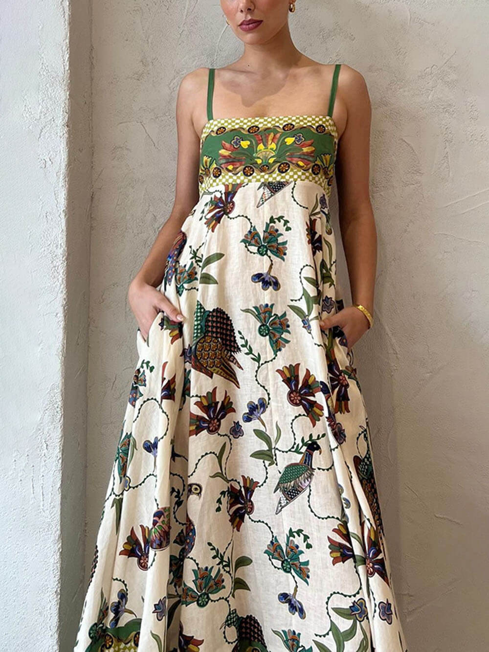 Botanical Border Print Square Neck Empire Waist Pocket Maxi Dress 2