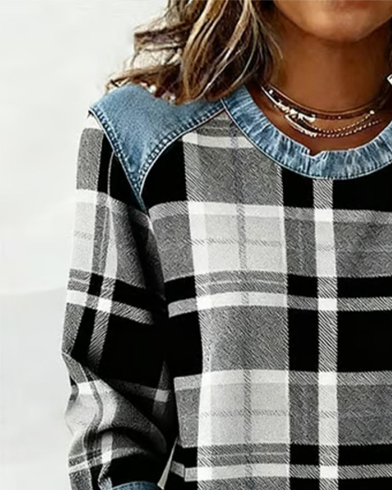 Crew Neck Plaid Denim Contrast Long Sleeve Sweatshirt