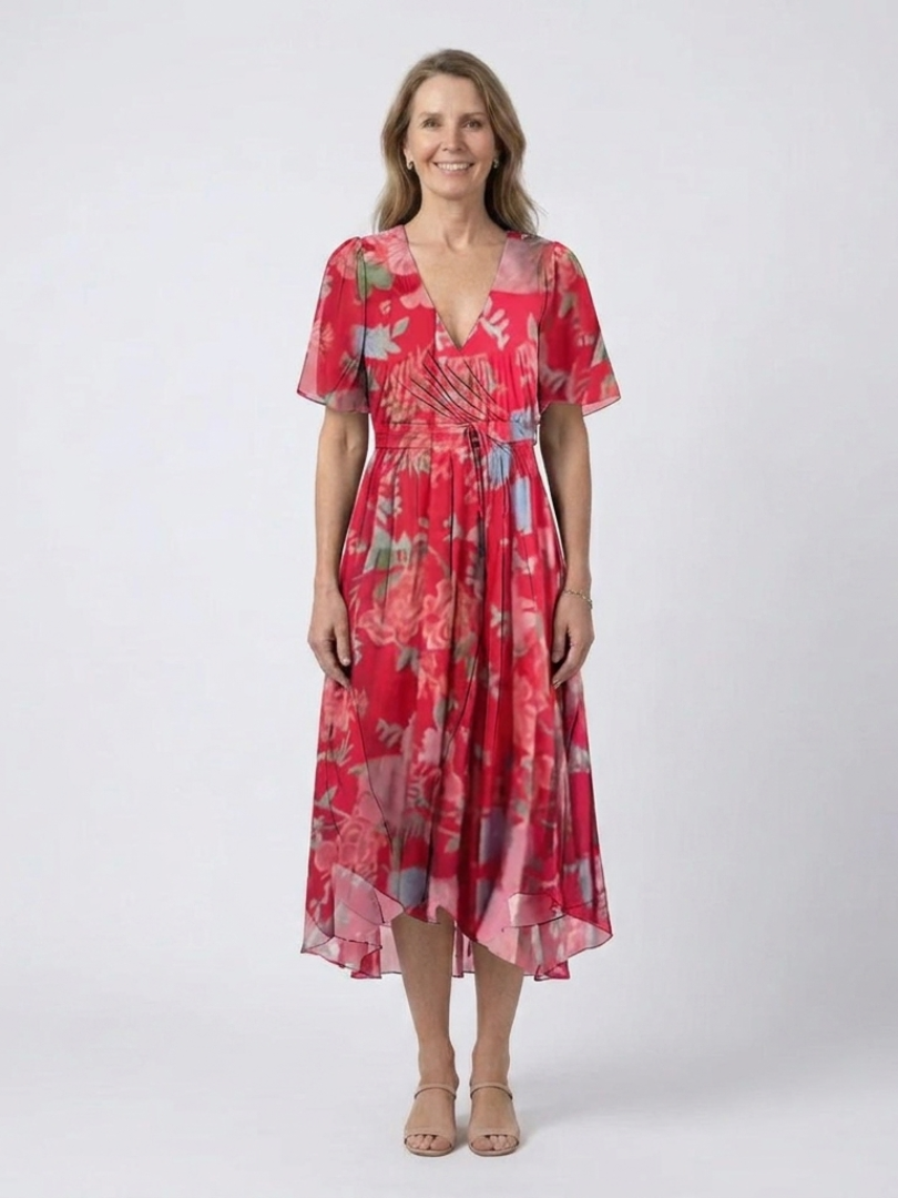 Floral Print V-Neck Flutter Sleeve Handkerchief Hem Midi Dress