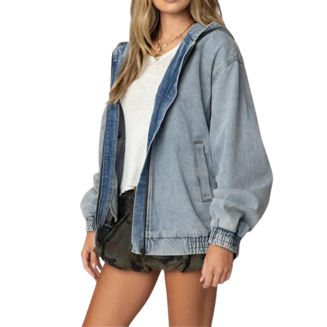 Oversized Hooded Zip Front Denim Jacket