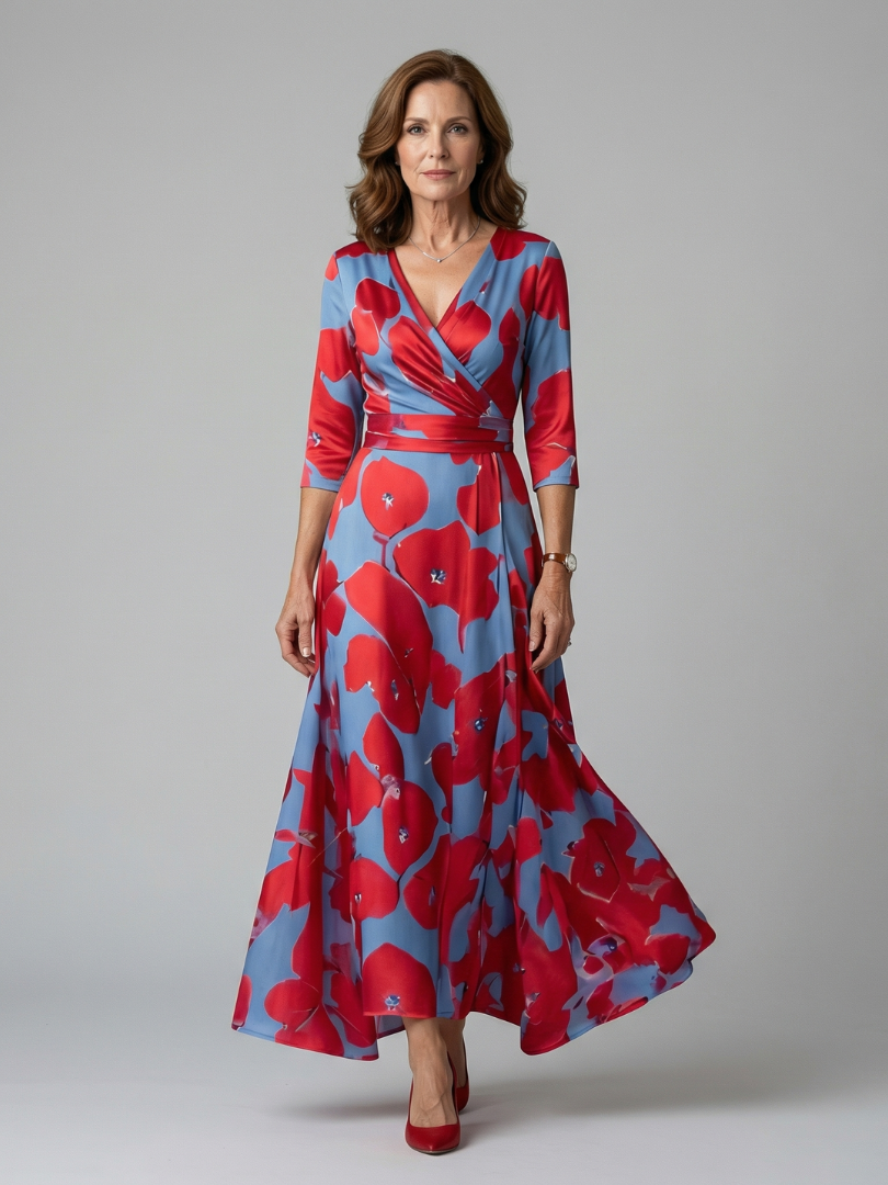 Floral V-Neck Wrap Three Quarter Sleeve Satin Maxi Dress