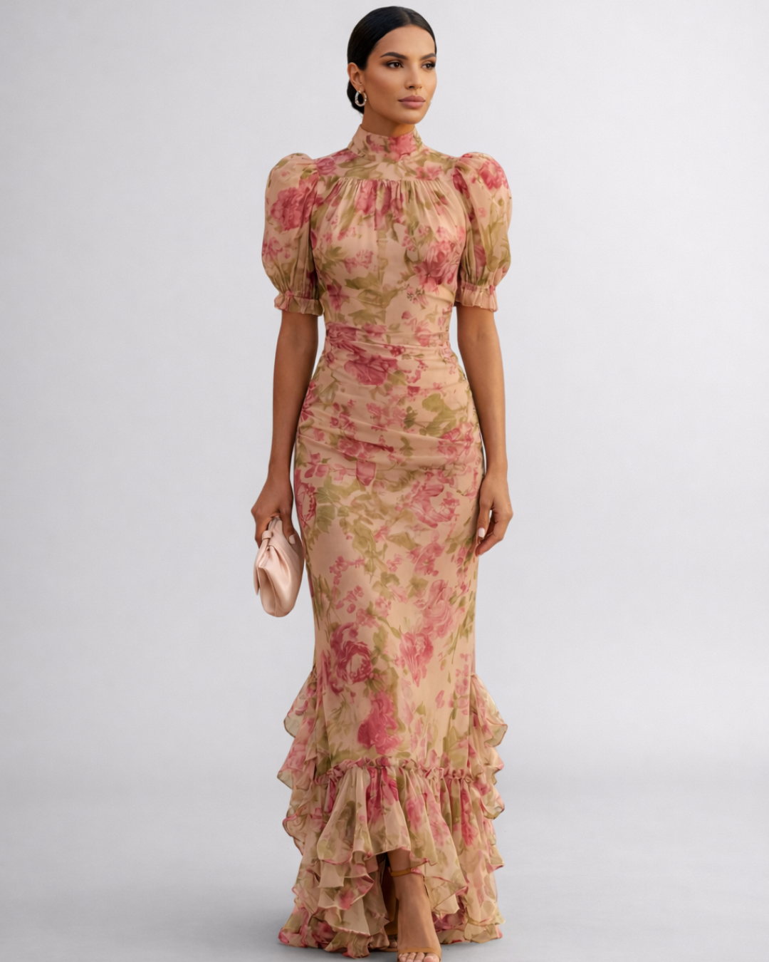 Floral Print High Neck Puff Sleeve Ruffle Hem Maxi Dress