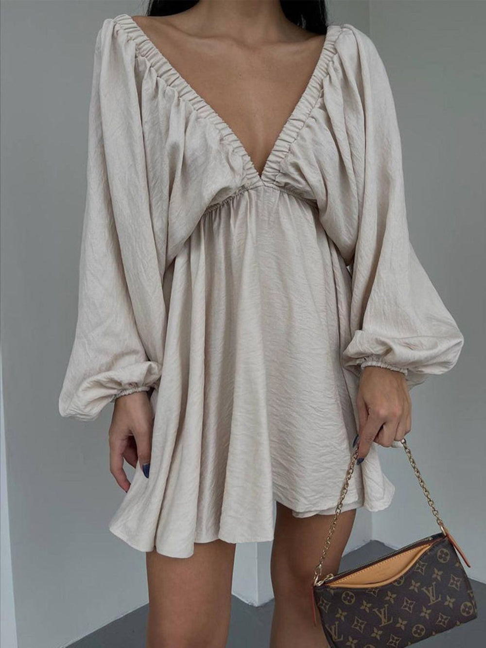 Deep V-Neck Balloon Sleeve Ruched Babydoll Mini Dress