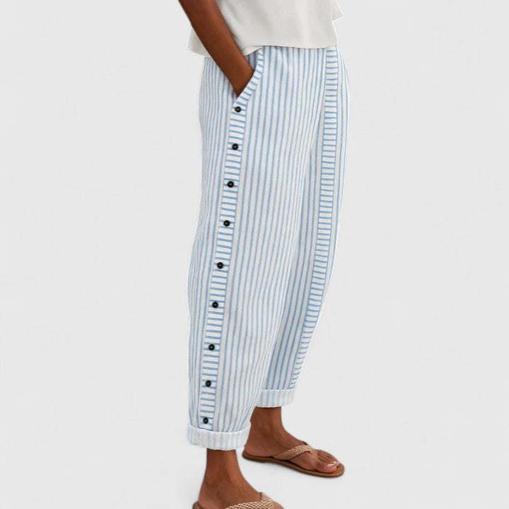 Striped High Waist Button Side Tapered Pants