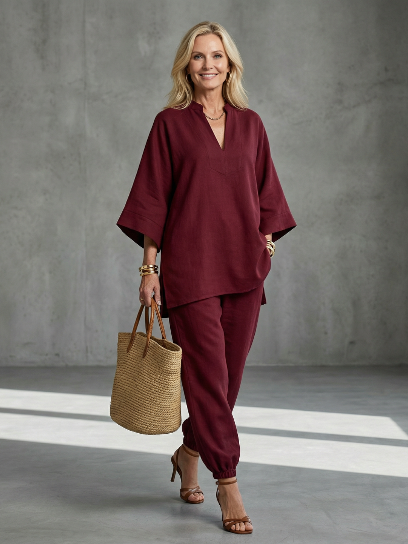 Notch V-Neck Tunic Top and Pants Two Piece Set