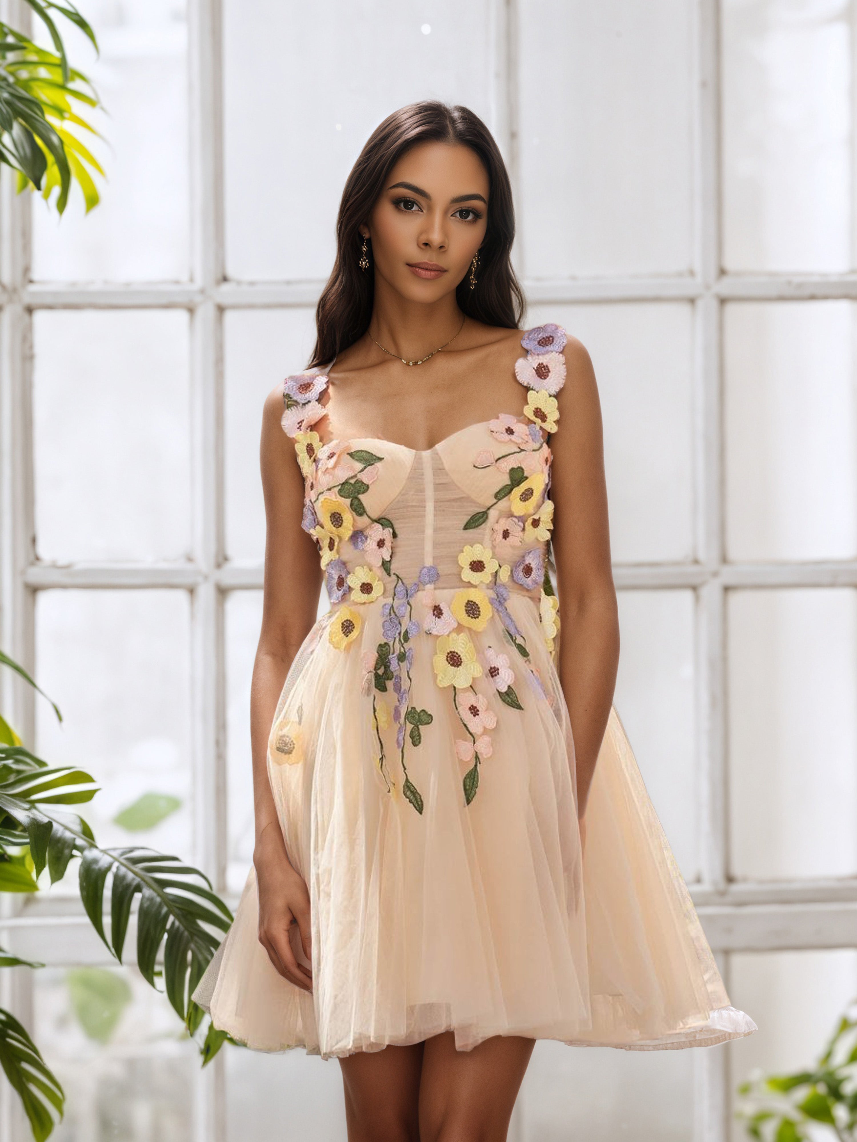 Flower Straps Tulle Homecoming Dress