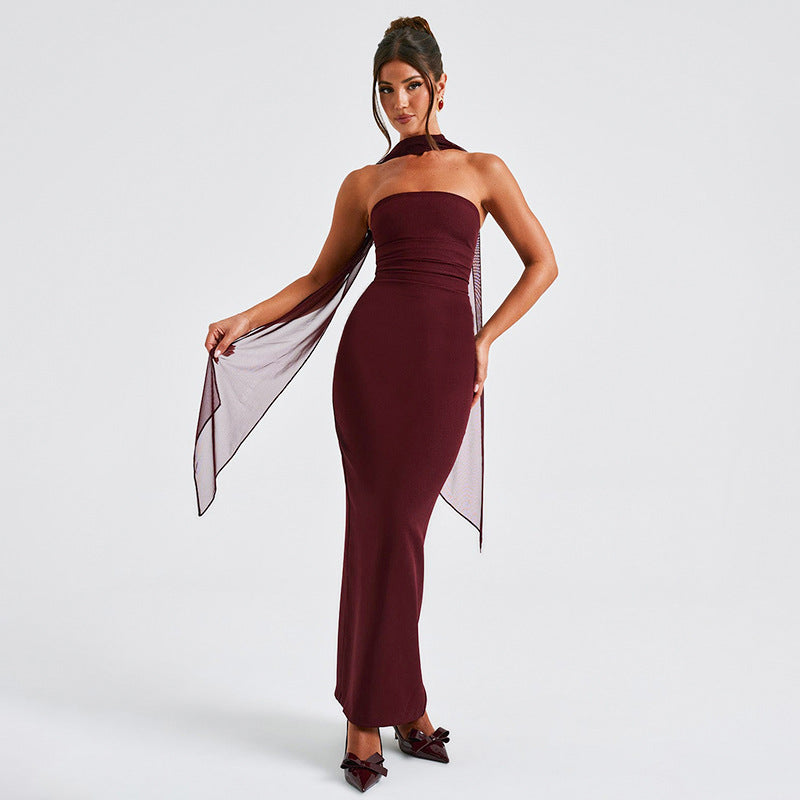 Hudson Maxi Dress With Stole And Gloves - Maroon