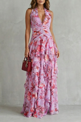Floral Halter Deep V-Neck Ruffle Chiffon Maxi Dress