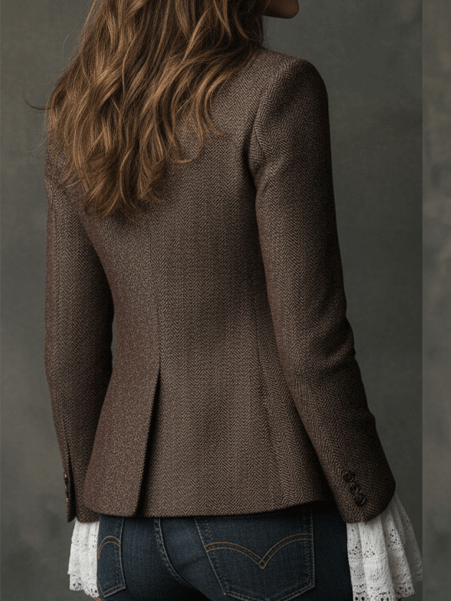 Herringbone Notch Lapel Single Breasted Tailored Blazer