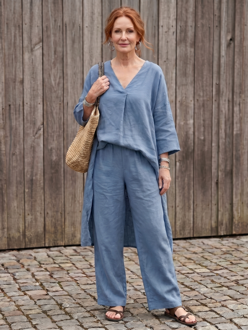 V-Neck Tunic Top and Wide Leg Pants Two Piece Set