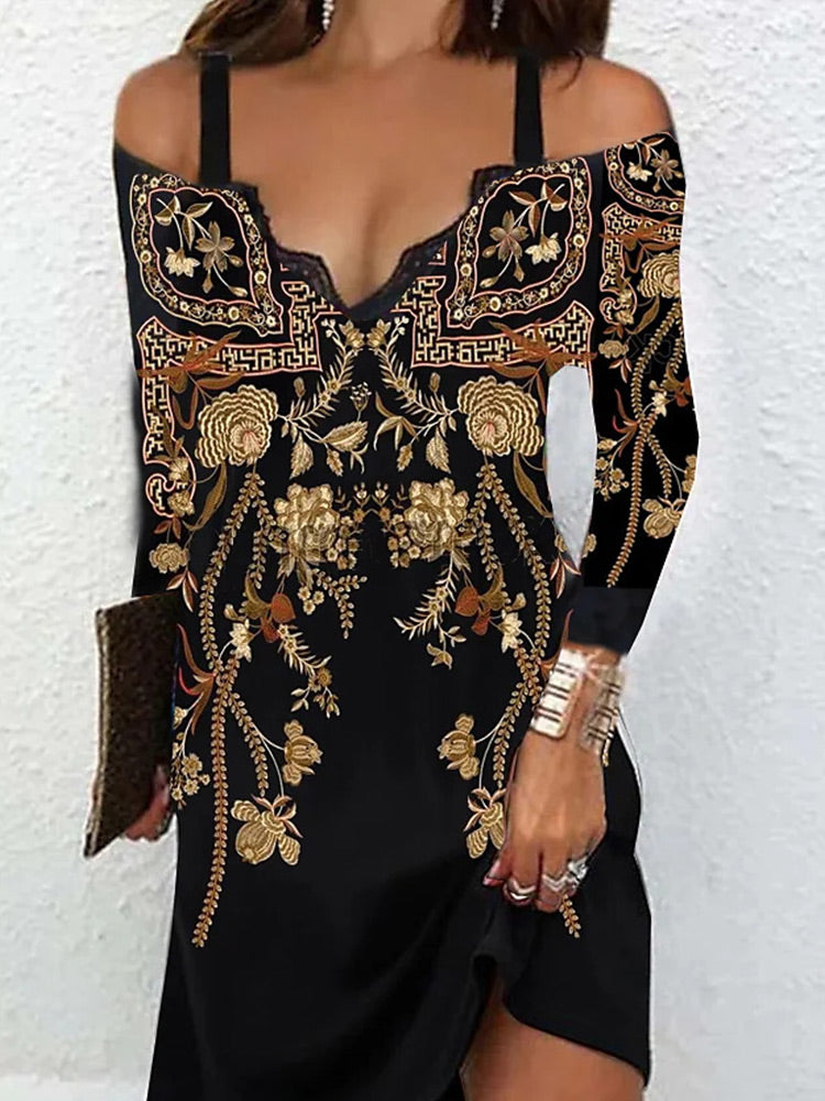 Lace Patchwork Print Halter Long Sleeve Dress