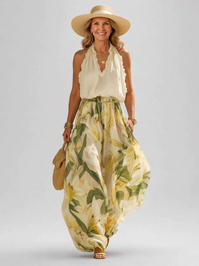 Halter Neck Lace Trim Top and Lily Print Maxi Skirt Two Piece Set