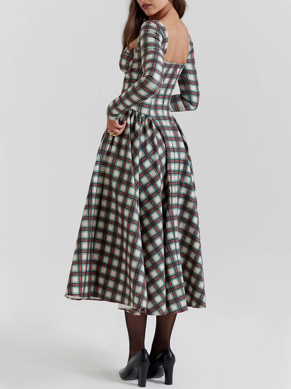 Tartan Sweetheart Long Sleeve Corset Fit and Flare Midi Dress