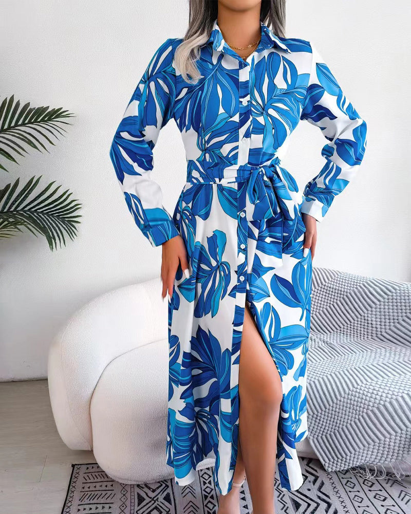 Floral Print Lapel Shirt Dress with Contrast