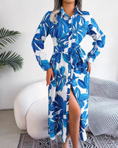 Floral Print Lapel Shirt Dress with Contrast