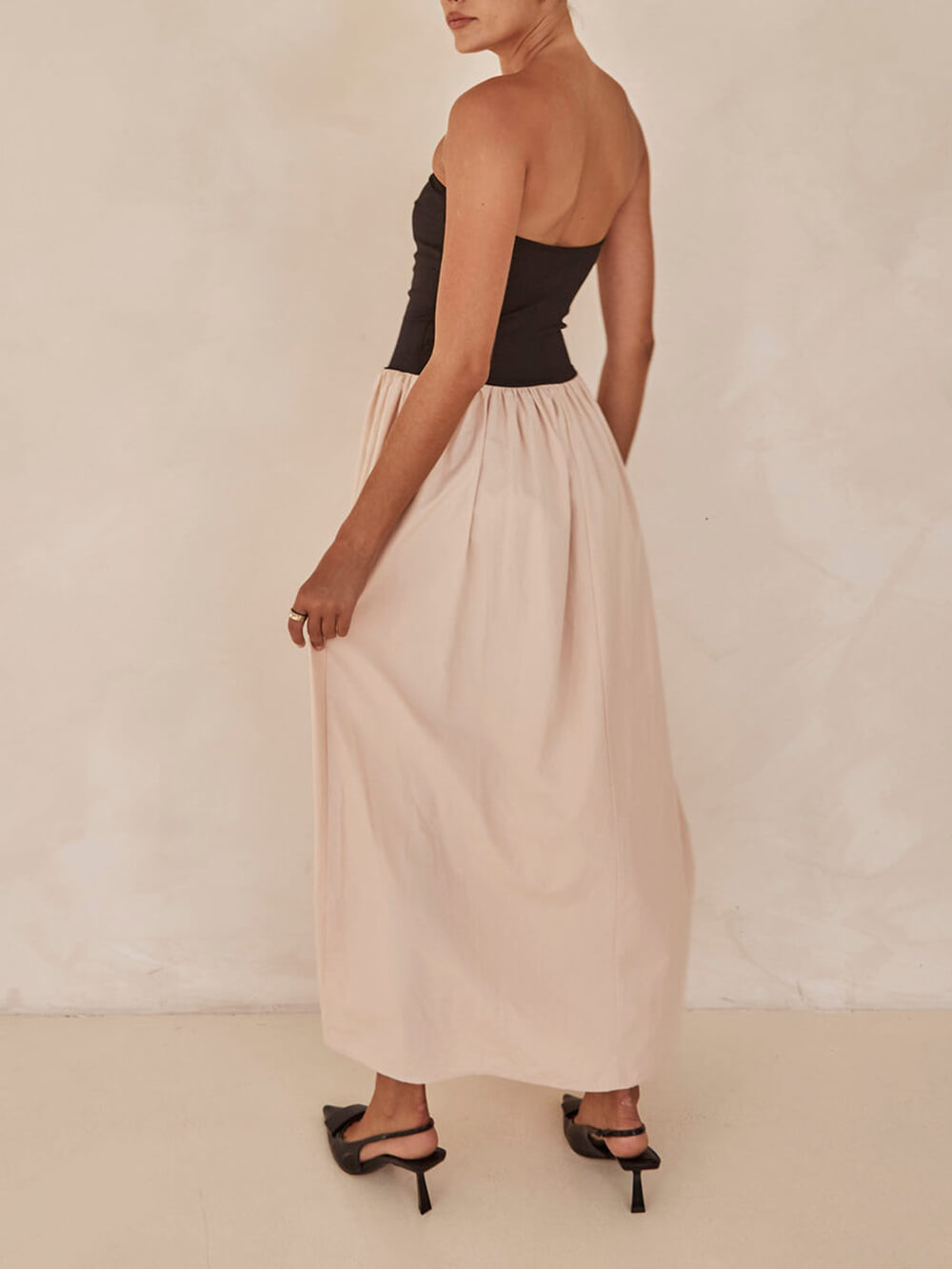 Strapless Contrast Bodice Drop Waist Gathered Maxi Dress 4