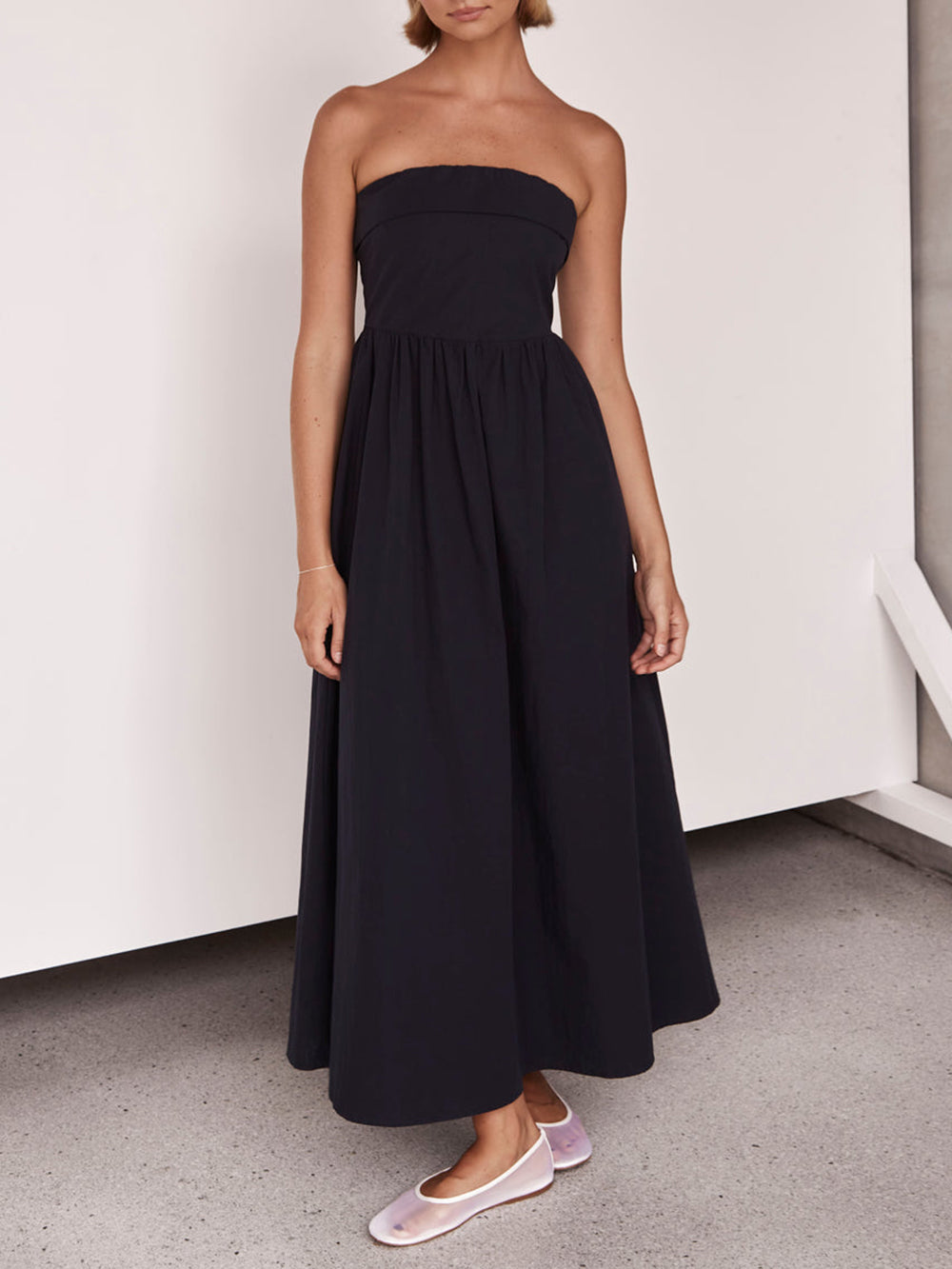 Strapless Fold Over Bandeau Gathered Waist A-Line Maxi Dress 6