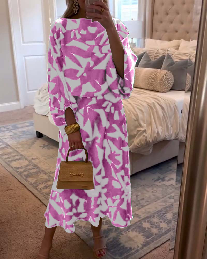 Abstract Print Lantern Sleeve Top and Midi Skirt Two Piece Set