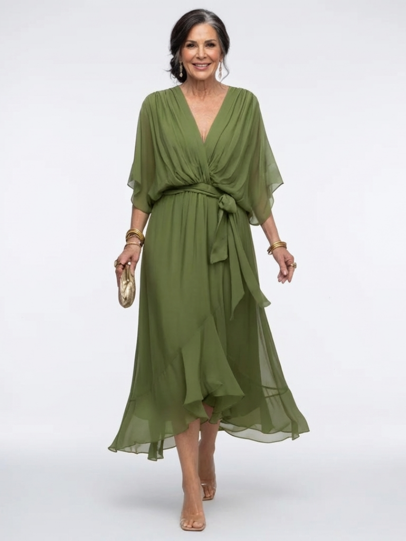 V-Neck Kimono Sleeve Tie Waist High Low Midi Dress