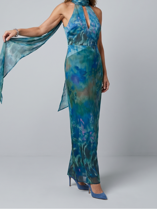 Watercolor Print Halter Neck Keyhole Draped Maxi Gown