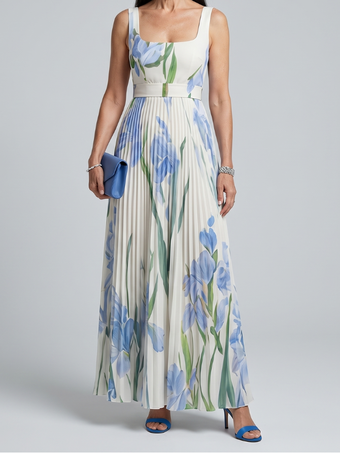 Floral Square Neck Sleeveless Pleated Maxi Dress