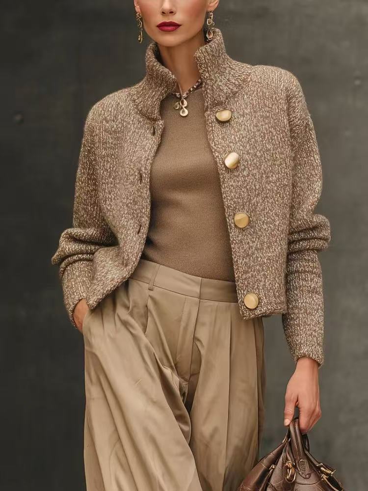 Stand Collar Button Front Cropped Knit Cardigan