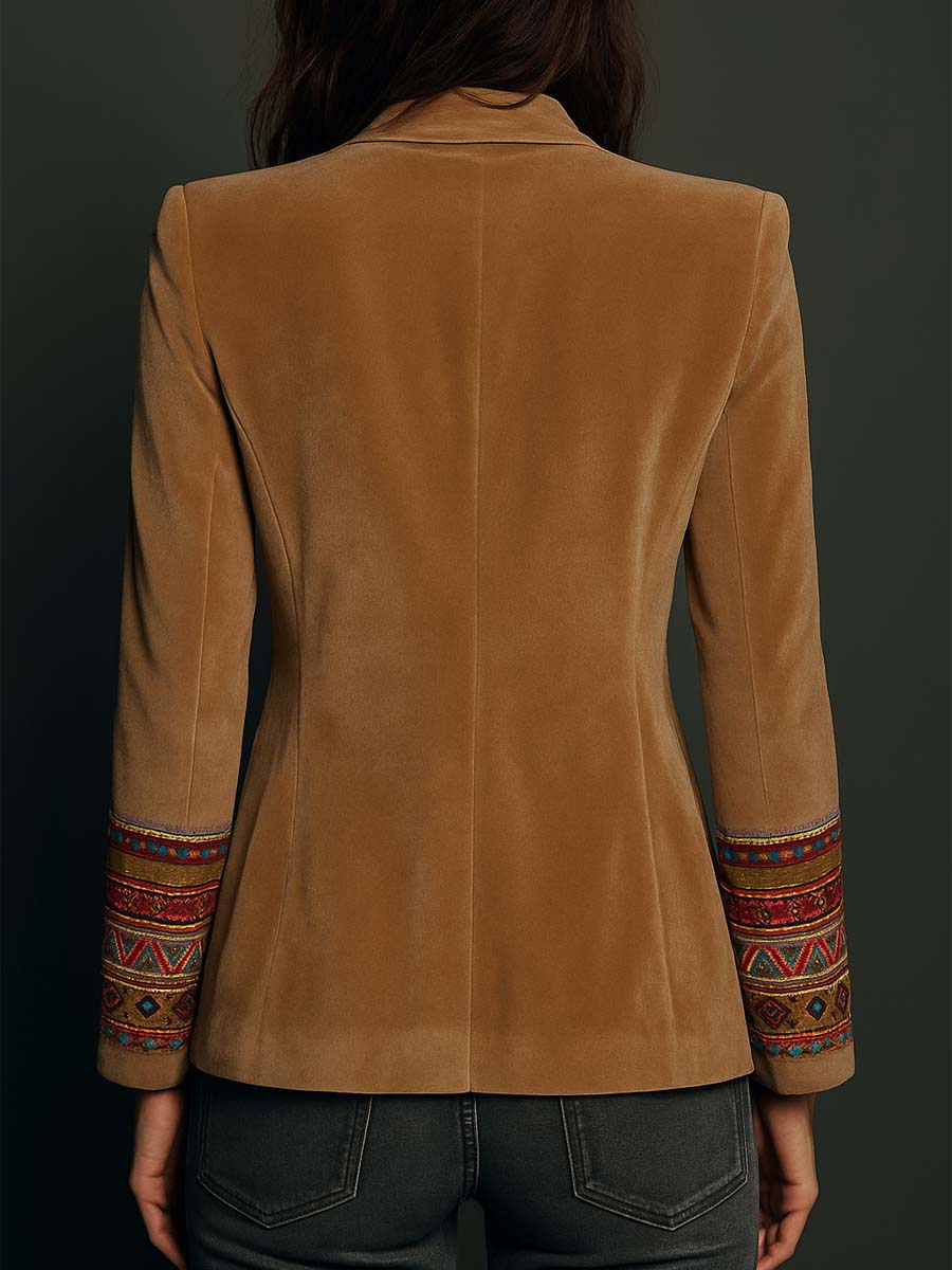 Embroidered Trim Velvet Look Single Button Blazer