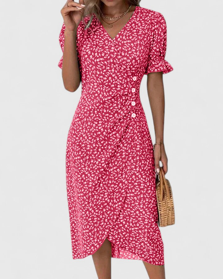 Ditsy Floral V-Neck Short Sleeve Button Wrap Midi Dress