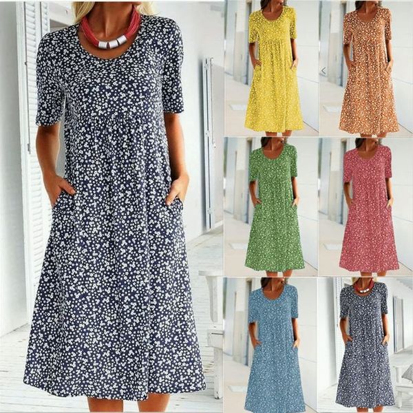 Ditsy Floral Round Neck Short Sleeve Pocket Midi Dress