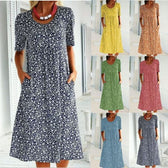 Ditsy Floral Round Neck Short Sleeve Pocket Midi Dress