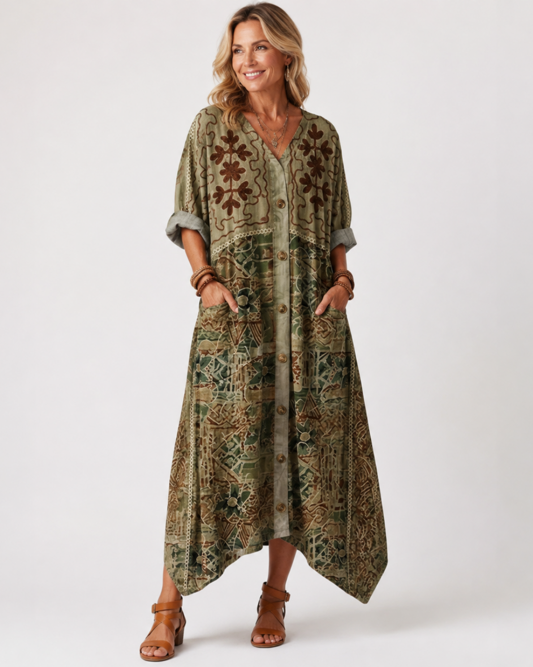 Patchwork Print V-Neck Button Front Handkerchief Hem Maxi Dress