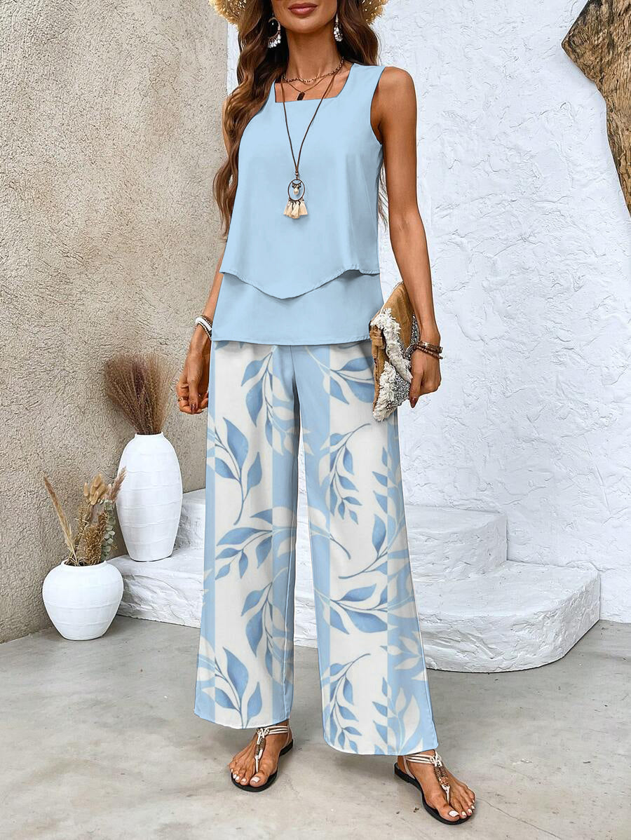 Sleeveless Square Neck Top and Leaf Print Wide Leg Pants Two Piece Set