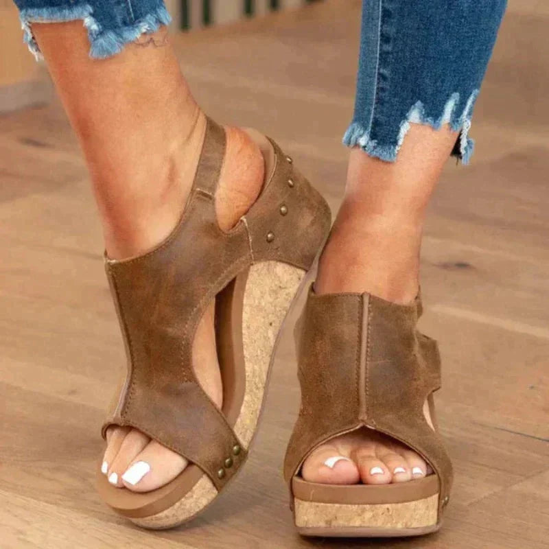 Peep Toe Cut Out Slingback Cork Wedge Sandals