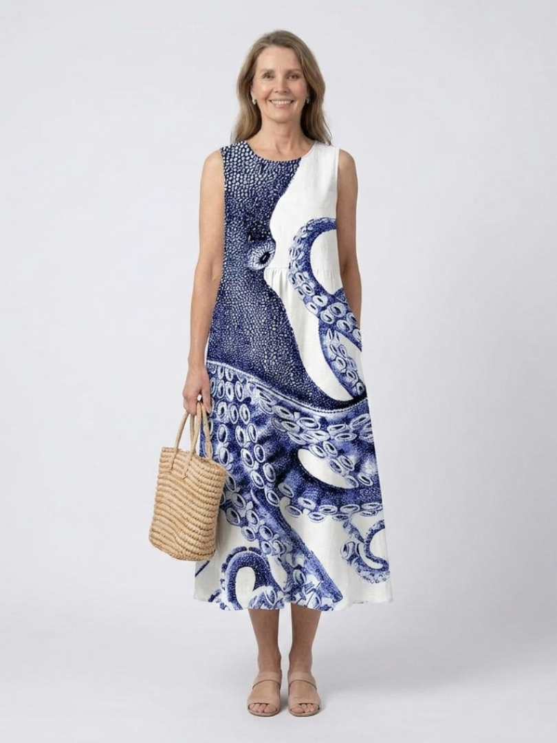 Octopus Print Sleeveless Midi Dress