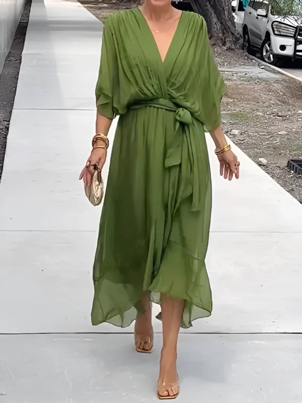 Chiffon Deep V-Neck Batwing Tie Waist High Low Midi Dress