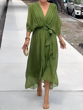 Chiffon Deep V-Neck Batwing Tie Waist High Low Midi Dress