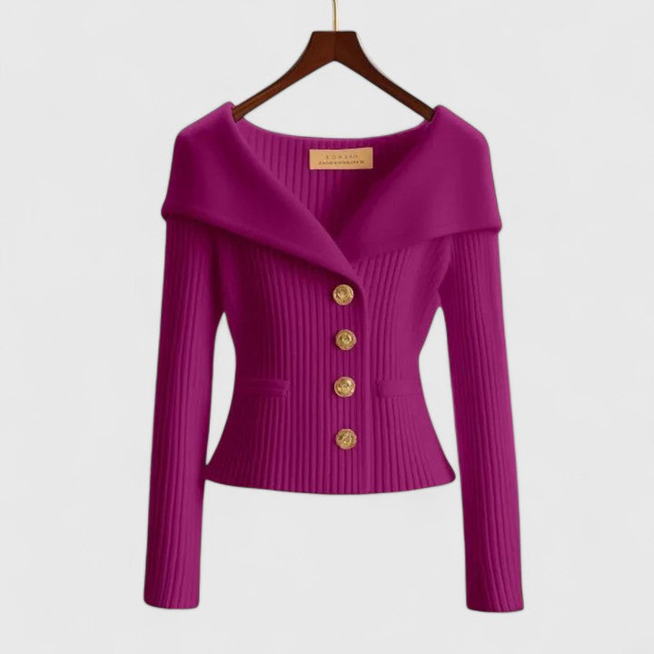 Portrait Collar Button Front Ribbed Knit Sweater