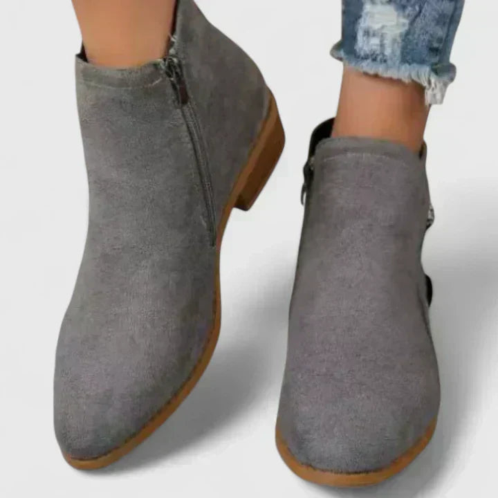 Side Zip Pointed Toe Stacked Block Heel Ankle Boots