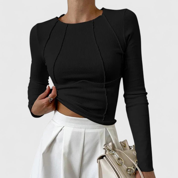 Crew Neck Long Sleeve Ribbed Seam Detail Crop Top