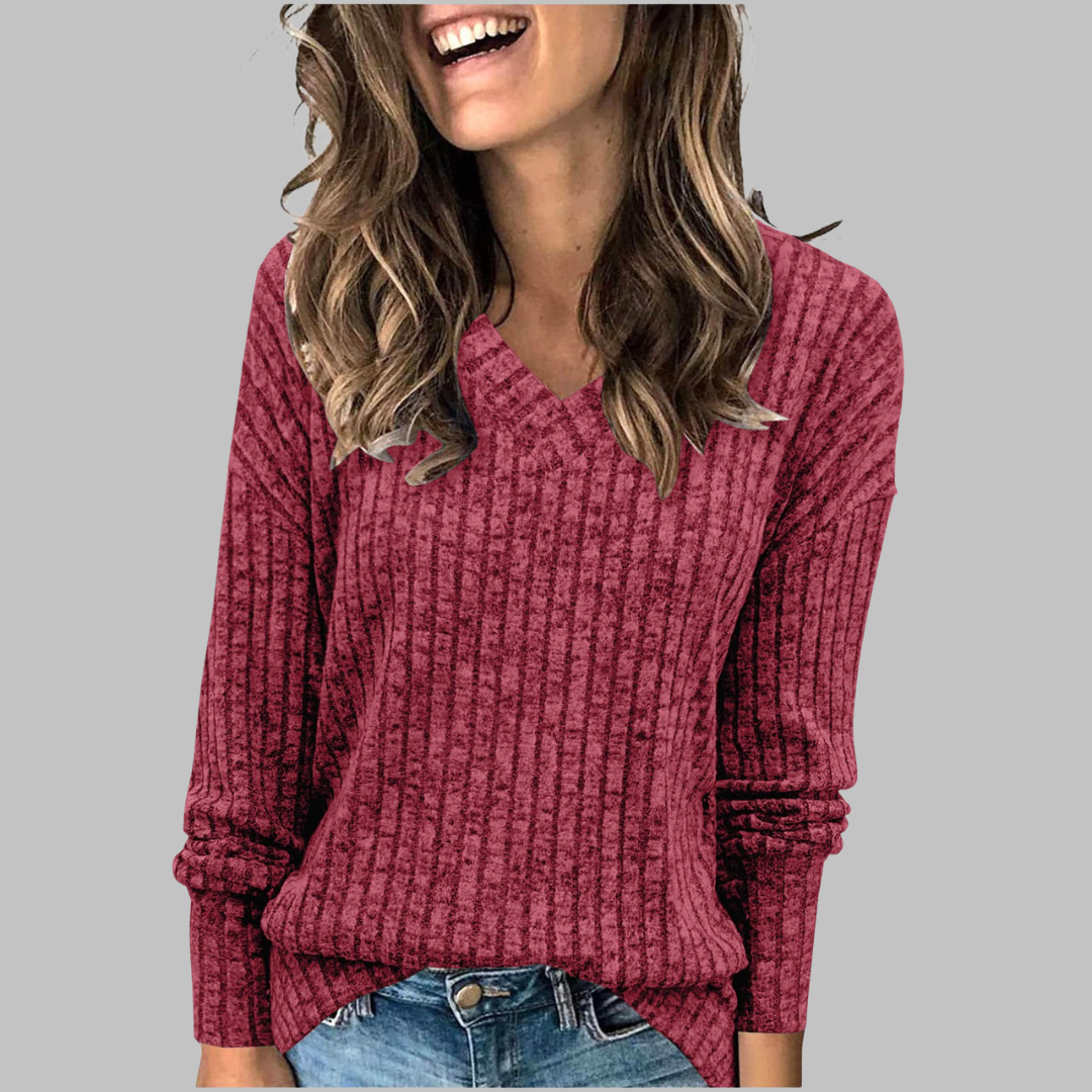 V-Neck Long Sleeve Ribbed Knit Sweater