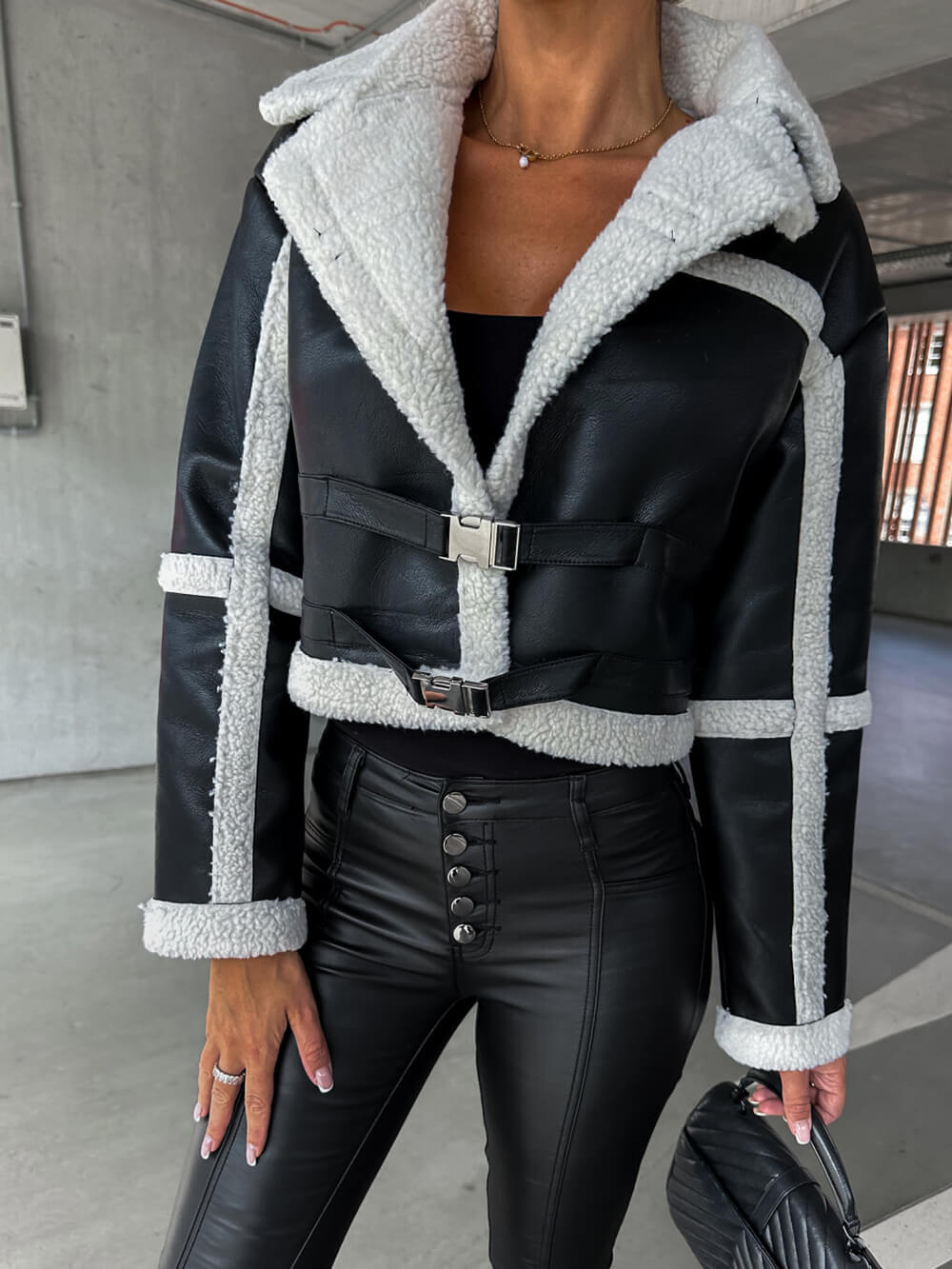 Faux Leather Fleece Trim Belted Cropped Aviator Jacket