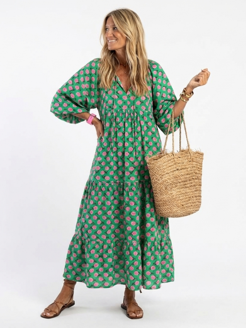 Floral Print V-Neck Half Sleeve Tiered Maxi Dress