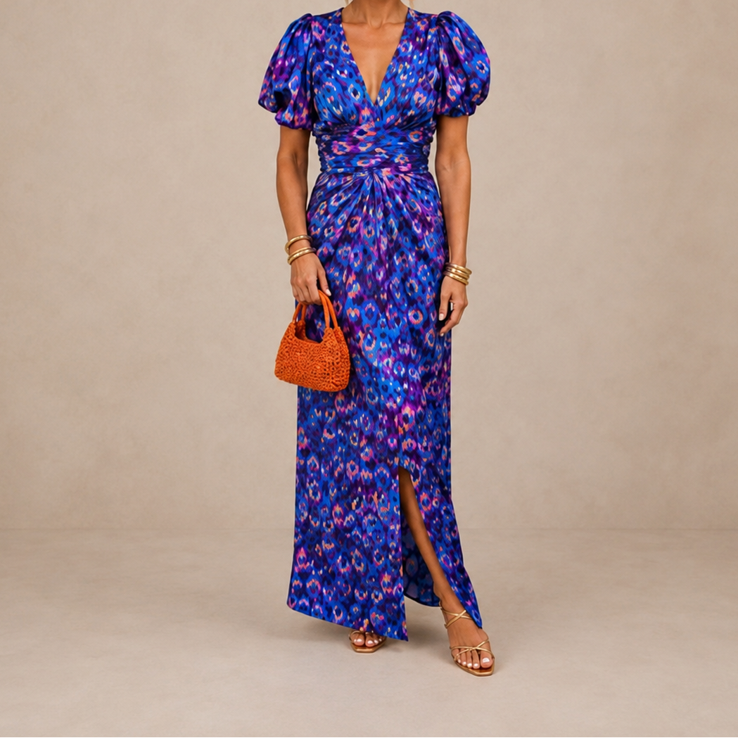 Ikat Print Deep V-Neck Puff Sleeve High Split Maxi Dress