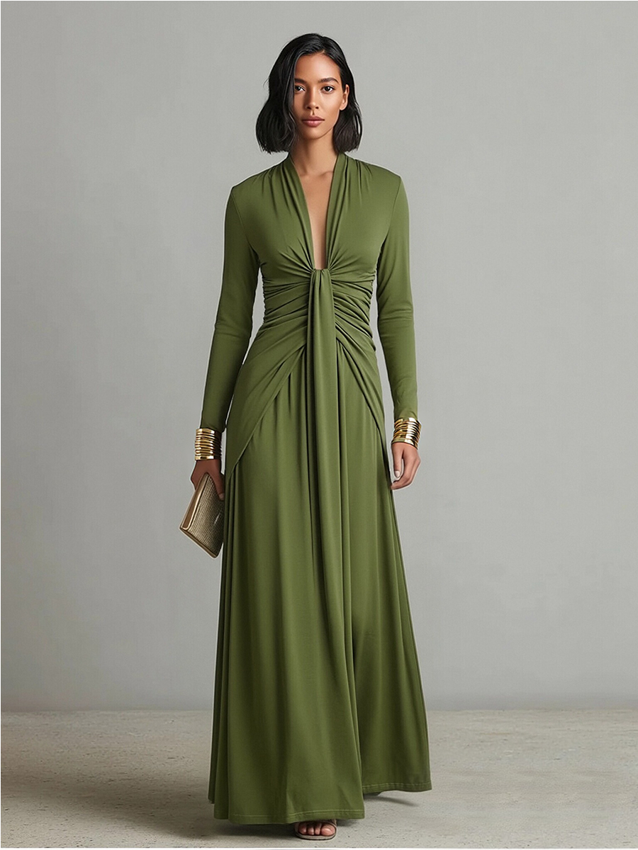 Deep V-Neck Long Sleeve Ruched Draped Maxi Dress Formal