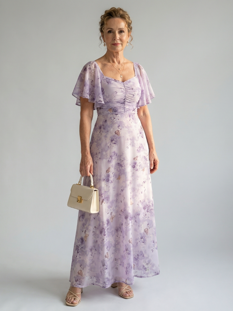 Floral Flutter Sleeve Ruched Sweetheart Maxi Dress