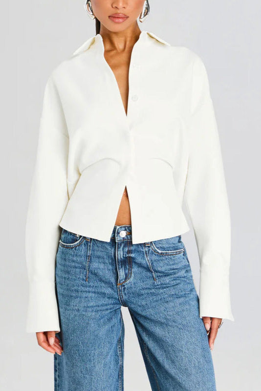 Collared Long Sleeve Corset Waist Cropped Shirt